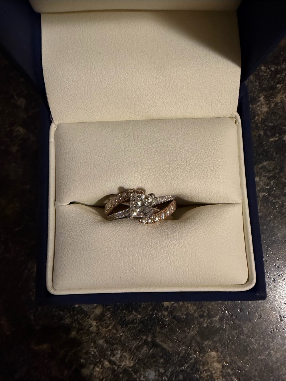 Rose/White Gold Engagement Ring with Square Center Diamond